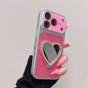 Coque de téléphone Original Glitter Love avec support miroir pour iPhone 17 16 15 Pro Max, support convertible, cadre d'appareil photo et dos en verre diamanté - Product Image 2
