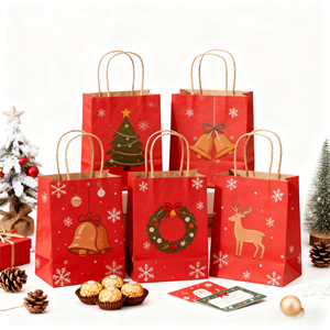 Bolsas de Regalo de Papel Kraft Biodegradables Ecológicas Rojas Festivas con Asas para Regalos de Navidad, Embalaje de Tarjetas de Regalo de Chocolate, Personalizadas - Product Image 1