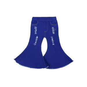 Jeans en denim évasés personnalisés pour petites filles, pantalon à pattes d'éléphant pour enfants, bébés, tout-petits, bleu foncé, déchiré, pour filles de 10 à <span class=keywords><strong>12</strong></span> <span class=keywords><strong>ans</strong></span> - Product Image 4