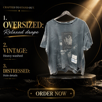 Gewassen grijs oversized T-shirt met distressed print, zwaar katoen, unisex, retro rock stijl