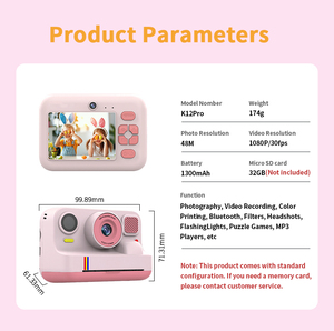 <span class=keywords><strong>Appareil</strong></span> <span class=keywords><strong>Photo</strong></span> K12pro Impression Instantanée Couleur pour Enfants, Cadeau d'Anniversaire Noël pour Filles Garçons, Caméra Numérique HD 1080p avec Écran IPS 2,4'' - Product Image 6