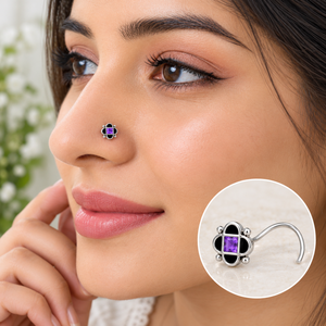 Indian Mores 925 Sterling <b>Silver</b> Purple Amethyst Square <b>Nose</b> Pin Cup Setting <b>Stud</b> Traditional Ethnic Jewelry for Women Girls - Product Image 2