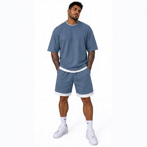 ONETEN APPAREL Conjunto de Dos Piezas para Hombre, Camiseta de Manga Corta con Cuello Redondo Azul Grisáceo y Pantalones Cortos con Ribete en Contraste - Product Image 1
