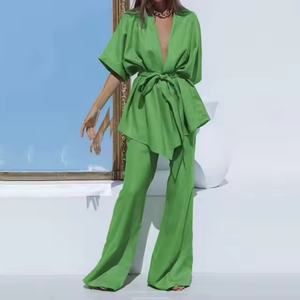 Conjunto de Dos Piezas Casual de Verano para Mujer, Diseño Moderno, en Algodón y Lino Sólido, con Cinturón, 100% Lino, Ropa Casual - Product Image 4