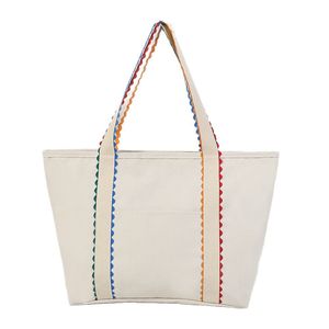 Custom Monogram <strong>Large</strong> Shoulder <strong>Large</strong> <strong>Beach</strong> <strong>Bag</strong> Canvas Rainbow Stripe Handle <strong>Large</strong> Tote Scallop Edge Tote <strong>Bags</strong> - Product Image 6