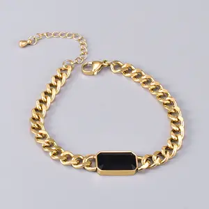 Pulsera de cadena de acero inoxidable para mujer, brazalete de cadena de 6Mm, 15Cm + 6Cm de ancho, oro de 18K y piedra negra