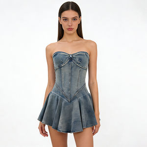 Robe Courte en Jean Vintage sans Bretelles pour Femme, Style <span class=keywords><strong>Corset</strong></span> Décontracté avec Jupe Évasée, Tenue de Soirée - Product Image 3
