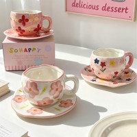 Ensemble tasse à café et soucoupe en céramique peintes à la main, style minimaliste, motif floral, emballage en boîte colorée, cadeau pour la maison