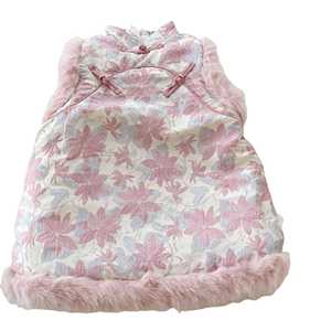 Tongxingyuan Girls Cheongsam Set Pink Velvet Three Piece Winter Outfit Fleece Lined Flower Pattern Cotton Fabric - Product Image 5
