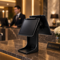 Support de tablette de point de vente de luxe PS-20B pour hôtel, borne d'auto-enregistrement avec imprimante, kiosque iPad en métal pour complexe hôtelier avec câble dissimulé et rotation à 90 degrés