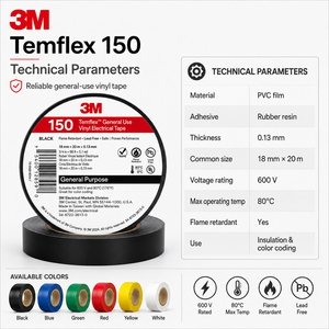 Cinta Aislante Eléctrica de Vinilo Original <span class=keywords><strong>3M</strong></span> <span class=keywords><strong>Temflex</strong></span> 150 de 18 mm x 10 m x 0,13 mm para Aislamiento de 600 V - Product Image 5
