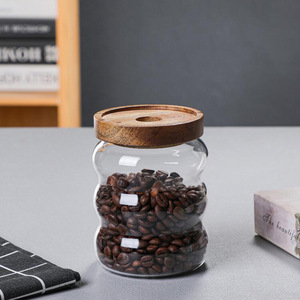 Airtight Glass Storage <b>Jar</b> <b>With</b> Wooden <b>Lid</b> For Coffee Beans Grains Seasonings Round Shape 2535 - Product Image 2