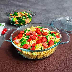 Hxglass Plat à Rôtir Rond en Verre Trempé Transparent Résistant à la Chaleur 0.8L 1L 1.7L avec Couvercle pour <span class=keywords><strong>Four</strong></span>, Salade et Ramen - Product Image 6