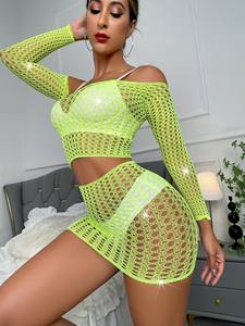 Conjunto de 2 Piezas de Lencería Sexy para Mujer, Top y Panty con Pedrería de Cristal, Vestidos Bodystocking - Product Image 6
