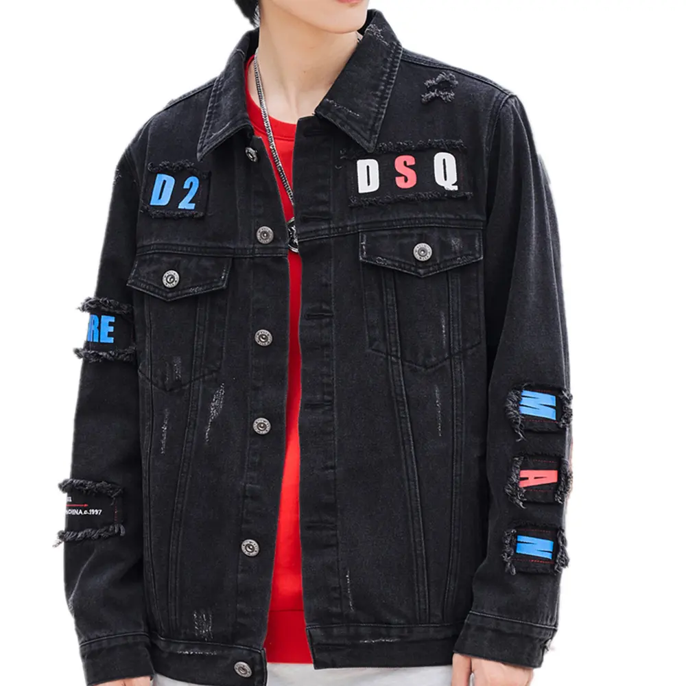 Custom Logo Jacket Mens Fashionable Cool Men 's Patches & Printing & Embroidery Denim Jackets