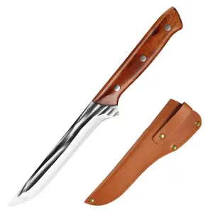 Cuchillo de carne de acero inoxidable de alta calidad para cuchillos de carnicero comerciales con superficie forjada a mano y mango de madera