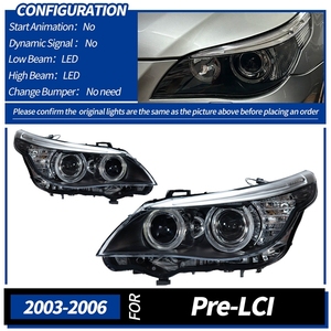 Feux avant pour <span class=keywords><strong>BMW</strong></span> E60 Série 5 2003-2010, ensemble <span class=keywords><strong>de</strong></span> phares LED, mise à niveau Angel Eyes DRL, projecteur Bi-LED, feux <span class=keywords><strong>de</strong></span> croisement - Product Image 1