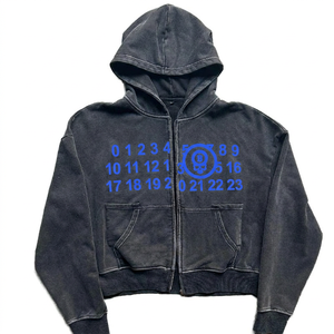 เสื้อฮู้ดดี้โอเวอร์ไซส์แบบครอป ผ้าฟลีซ 100% คอตตอน สีดำ พิมพ์ลายสกรีน ปักลาย  แบบสั่งทำพิเศษสำหรับ OEM สไตล์วินเทจ ซิปหน้า ระบายอากาศได้ดี - Product Image 5