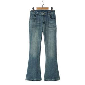 Pantalones Vaqueros Runqi de Cintura Media, Corte Acampanado, Talla Grande, Color Azul Retro, Lavado, de Algodón, para Mujer - Product Image 1