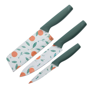 SFB96 3‑Piece <b>Kitchen</b> Knife Set Tropical Floral Printed Blades <b>Red</b> Non‑Slip Handles With Protective Blade Covers Stainless Steel - Product Image 2