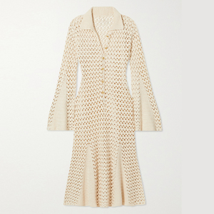 2023 été creux Crochet col en v à <span class=keywords><strong>manches</strong></span> longues <span class=keywords><strong>manches</strong></span> <span class=keywords><strong>évasées</strong></span> pur coton jupe plissée tricoté robe <span class=keywords><strong>pull</strong></span> - Product Image 4