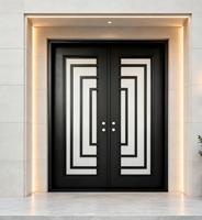 Porte d'entrée de villa moderne en acier inoxydable avec verre artistique, isolation thermique, antivol, double porte de sécurité noire sur mesure