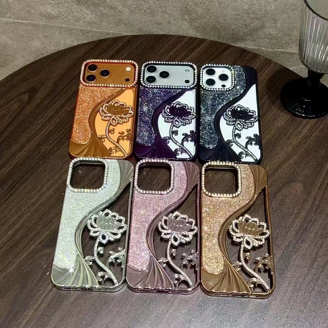 Rhinestone Flower Electroplated Gradient Glitter Drip Glue Phone Case for iPhone 17 Pro Max Luxury Diamond Protective Cover