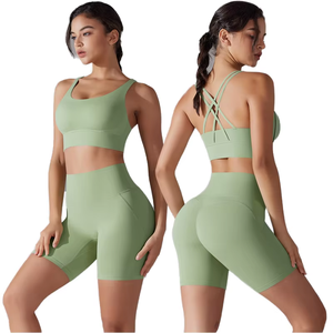 Nouvel ensemble de 5 pièces de sous-vêtements de sport personnalisés avec logo, grande taille, antibactériens et imperméables, comprenant un soutien-gorge dos croisé et un short taille haute pour le yoga - Product Image 1