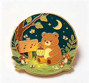 Épinglette en métal émaillé Ours Mignon, Épingle de revers ronde en résine, Badge Scène Forêt et Lune, Décoration Cadeau - Product Image 3