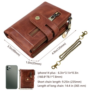 BOSHIHO Real Leather Purse Custom Logo <b>RFID</b> <b>Blocking</b> Bifold Double Zipper Coin Pocket with Anti-Theft Chain Mens <b>Wallet</b> - Product Image 6