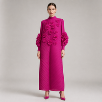 Gaun Kaftan Lipit Chevron Merah Muda Magenta Wanita Ukuran Besar Gaun Maxi Kerah Tinggi Pakaian Sopan Grosir Butik ODM