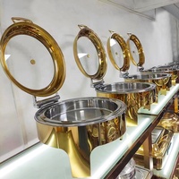 Pemanas Makanan Buffet Bulat Kapasitas 6L Berbahan Baja Anti Karat Mewah Bertenaga Bahan Bakar, Wadah Sajian Emas dengan Tutup Kaca, Peralatan Dapur Hotel
