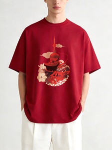 T-shirt à manches courtes col rond en pur coton, coupe oversize décontractée, épaules tombantes, tendance nationale créative, Shanghai <span class=keywords><strong>Yuyuan</strong></span> 235 Rouge - Product Image 3