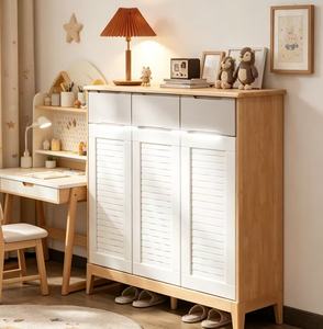 New Arrival Oak & <b>White</b> 3-Door Shoe <b>Cabinet</b> with Top Drawers & Ventilated Doors for Modern Entryway - Product Image 3