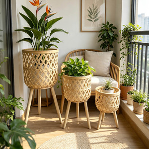 Solid Wood Rattan Flower Stand Bamboo Woven Storage Rack Living Room <b>Sofa</b> Side Table <b>Floor</b> Standing Corner Balcony Plant Pot - Product Image 1