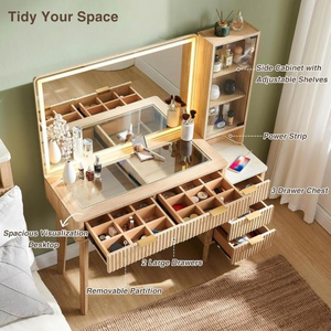 Natural <strong>Walnut</strong> Wood Dresser <strong>Table</strong> Vanity Bedroom Drawers <strong>Dressing</strong> <strong>Table</strong> With Side Cabinet and Lighted Mirror - Product Image 5
