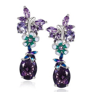 Orecchini viola a forma di farfalla con fiore ovale per donna, eleganti gioielli alla moda - Product Image 2