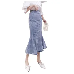 Spring And Autumn New High Waist Fishtail Sexy Skirt Long Bodycon Ladies Slim A-line Chic Ruffle Denim Jean Skirt For Women