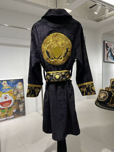 European High Quality Velvet <strong>Dressing</strong> <strong>Gown</strong> Absorbent Printed Embroidered <strong>Men's</strong> Long Sleeve Pocket <strong>Black</strong> Gold Bathrobe - Product Image 6