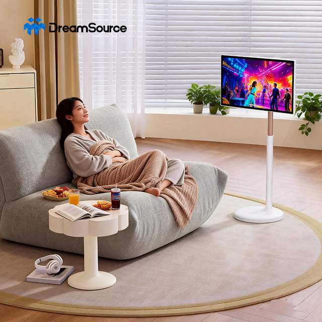 Portable LED White 32-Inch Battery-Operated Full HD Smart TV with Stand Rolling Base Google TV for Home and Office