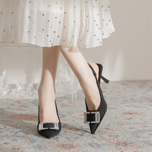 Zapatos de Tacón Alto Negros de Satén con Punta en Pico y Tira Trasera, con Hebilla de Diamantes de Imitación, para Mujer, para Todas las Temporadas - Product Image 4