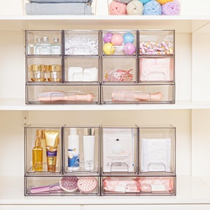 4 buah laci penyimpanan Stackable Bening, penyusun <span class=keywords><strong>Makeup</strong></span> kamar mandi akrilik tinggi 4.4 inci untuk pengaturan rumah dan penyimpanan - Product Image 4