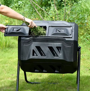 Compostador giratorio doble para exteriores de 43 galones/160 litros con soporte metálico, contenedor de compostaje rotatorio para jardín y granja con puerta negra - Product Image 4