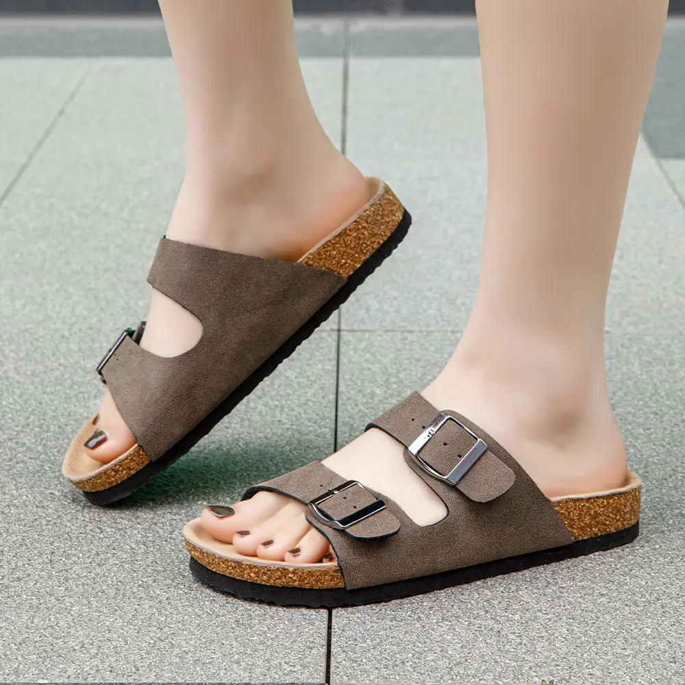 Sandálias planas casuais femininas de alta qualidade com fivela ajustável, sola de cortiça com arco de suporte confortável antiderrapante, novidade