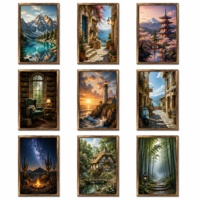 Grande Peinture Murale en Bois Encadrée, Style Art Déco, Paysage Imprimé UV, Décoration Moderne Suspendue, Faite à la Main, Élégante pour Salon