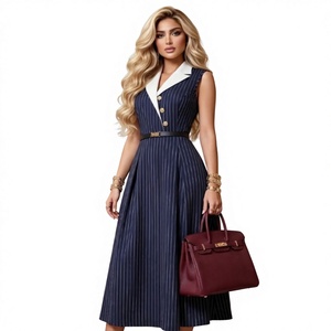 New Women <strong>Navy</strong> Blue White Collar Pinstripe Sleeveless Midi <strong>Dress</strong> Office Lady Elegant a Line Formal <strong>Work</strong> <strong>Dresses</strong> With Waist Belt - Product Image 4