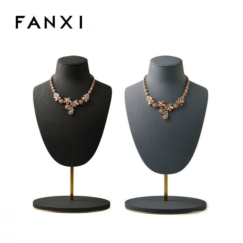 FANXI Jewelry Bust Factory New Arrival Jewelry Display High End Metal Support Grey Or Coffee Color Microfiber Necklace Bust