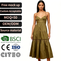 Robe midi vert foncé à bretelles spaghetti pour femme, col en V, ourlet à volants, en coton, robe d'été décontractée élégante pour la plage