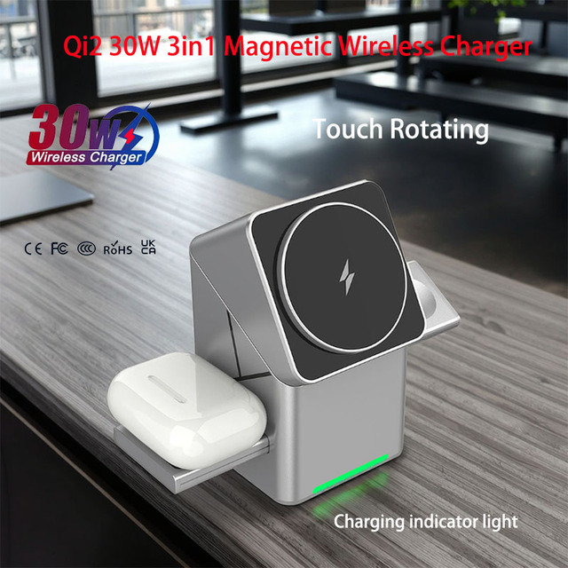Praiser W10 3-in-1 Magnetic Wireless Charger with Fast Charging 15W & Night Light for iPhone 15/14/13 for Smart Watch