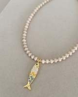 Collier Pendentif Poisson en Pierre Naturelle, Zircon et Diamant, Plaqué Or 18 carats, avec Fermoir et Perles, Parure de Bijoux pour Femme